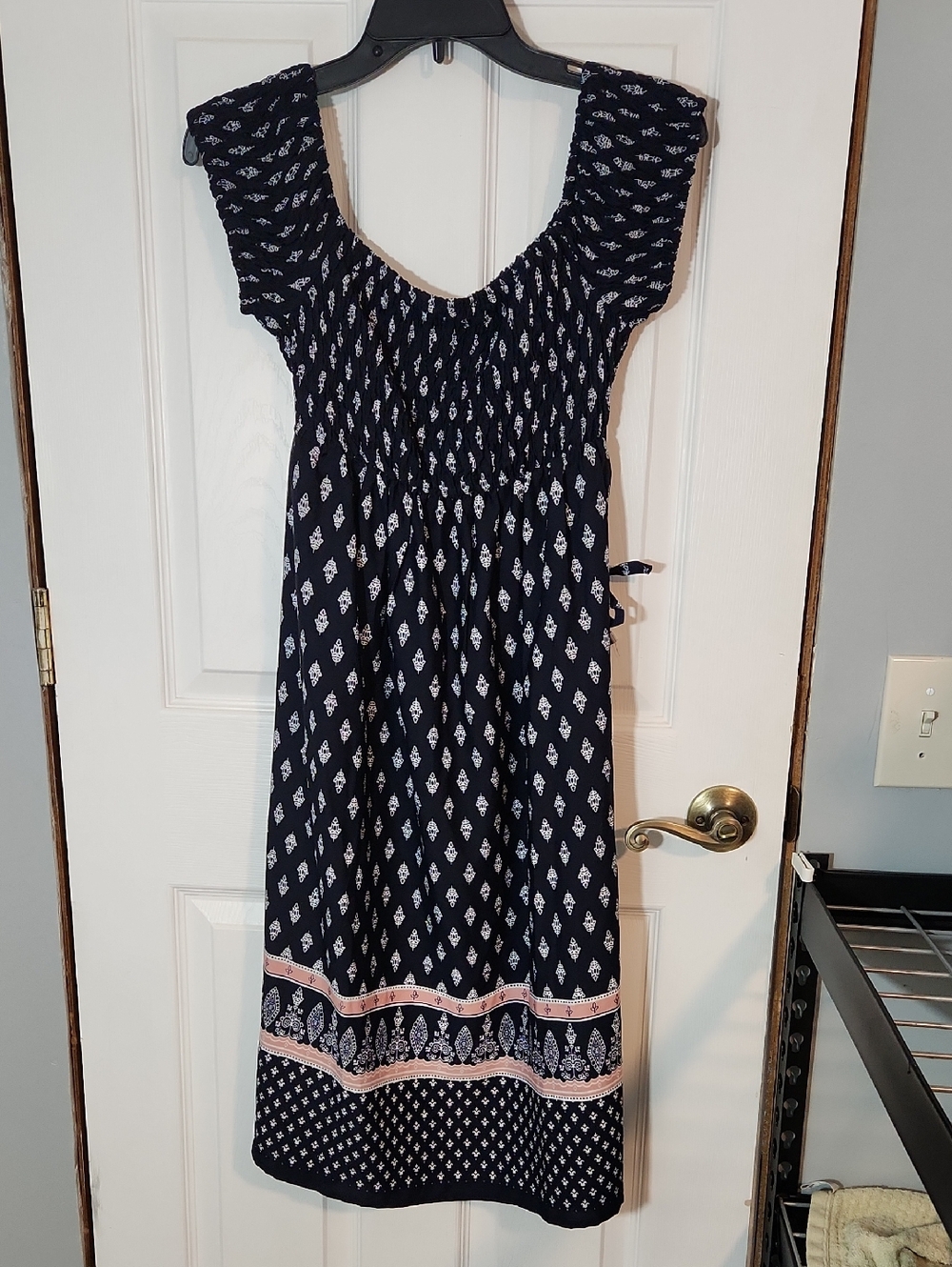 Oh! Mamma Navy Blue Printed Maternity Dress with Pink Border